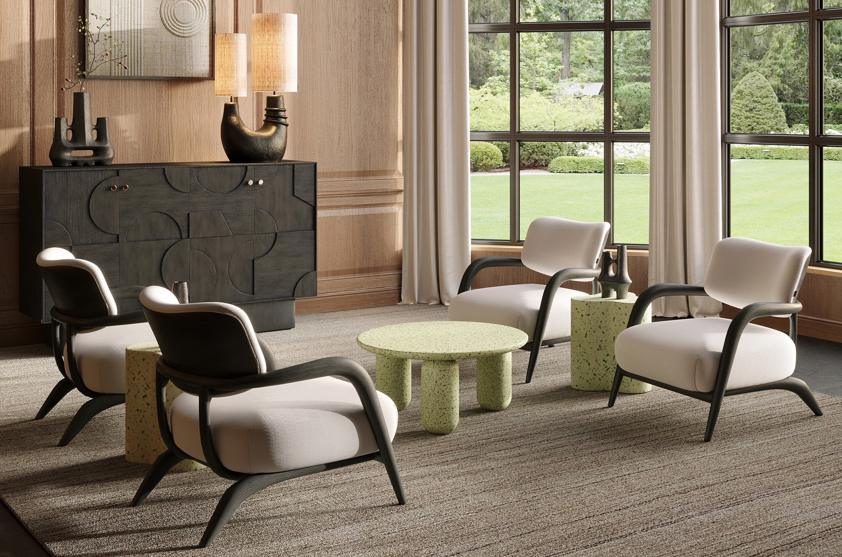 Contour Collection black wooden console table with three drawers.