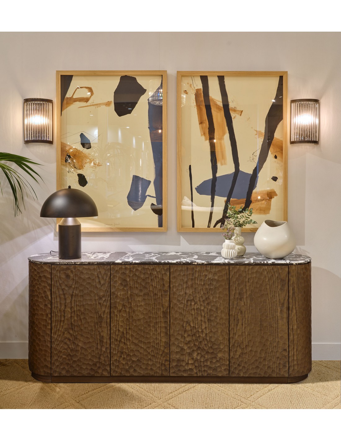 OLIVER Sideboard featuring wavy ash wood finish and black marble top, modern luxury storage cabinet for dining or living spaces.