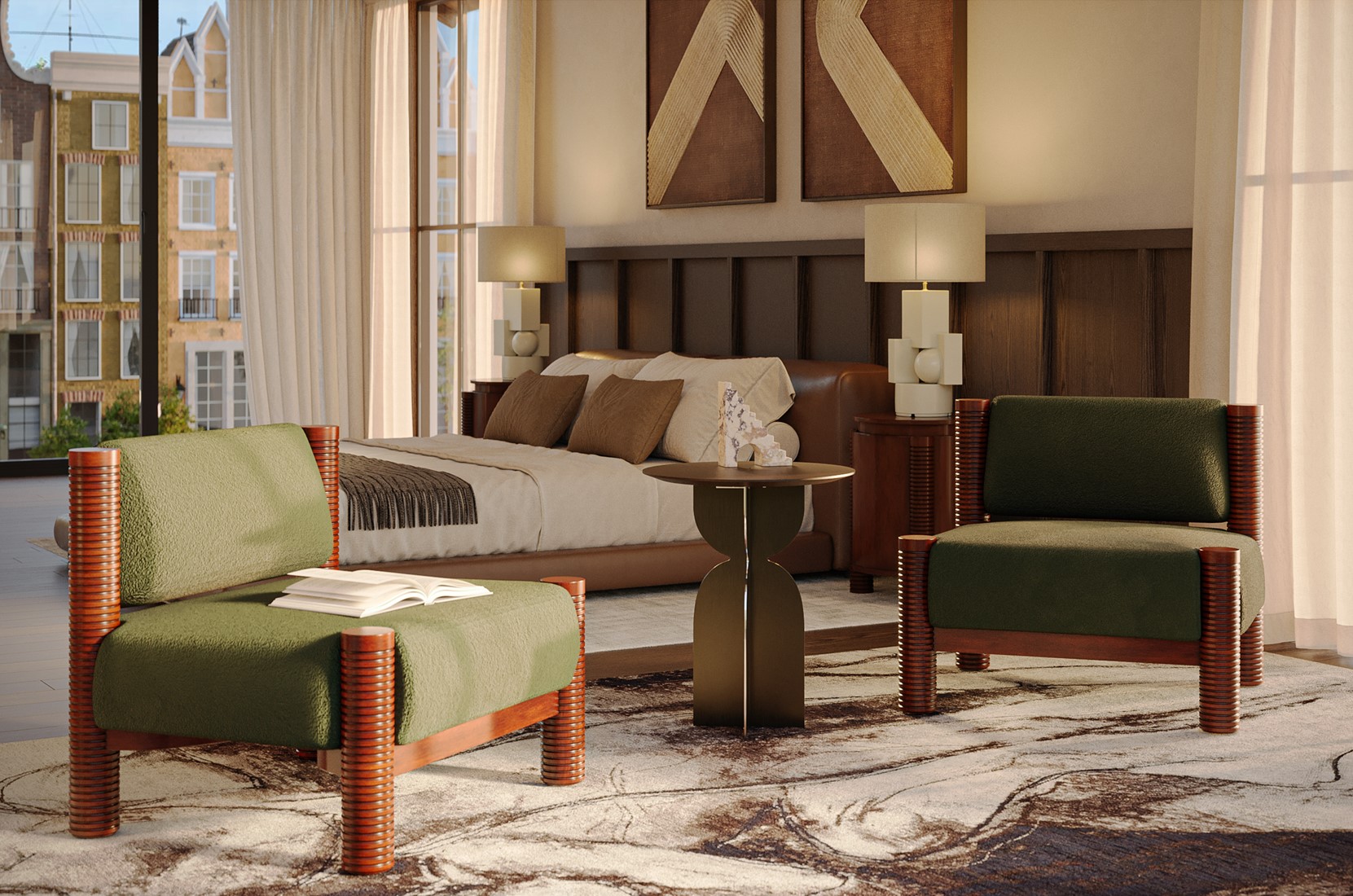 OLIVER Sideboard featuring wavy ash wood finish and black marble top, modern luxury storage cabinet for dining or living spaces.