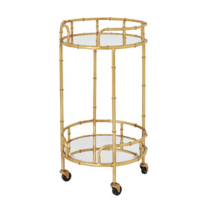 Gold Round Drinks Trolley, a gold drinks trolley with bamboo style frame in gold with mirrored shelving, sold at Louis & Henry