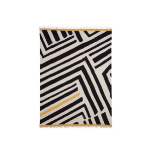 Contemporary Handcrafted Geometric Rug. a handcrafted bossie rug with geometrical pattern in black cream and yellow