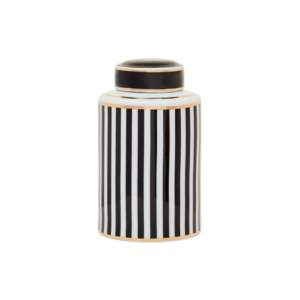 Glam Ceramic Jar This large ceramic jar exudes sophistication with its sleek black and white striped design adorning its body and lid. Golden finish stripes delicately accentuate the bottom edge and top, infusing a touch of glamour into its aesthetic. sol at Louis & Henry
