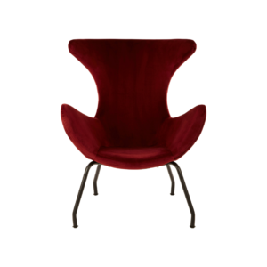 Infuse your home with a touch of luxury and sophistication with the Scarlet Velvet Accent Chair. Designed to make a statement, this stunning chair adds a vibrant pop of color to your living room while offering unparalleled comfort and style. a wine red egg chair upholstered in luxurious red velvet and contemporary black legs.