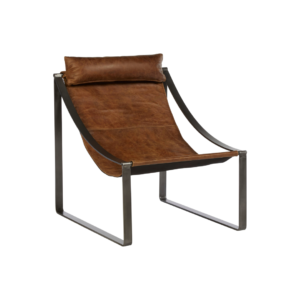 Contemporary Leather Sling Chair, Shop at Louis & Henry, a contemporary black sleek frame chai, high quality, heavy duty with genuine brown leather sling to create a chair.