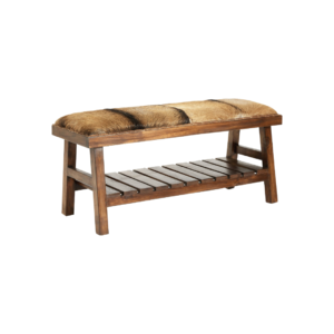Nomad Hide Teak Bench, goat hide bench with solid teak frame, quality luxury furniture, hardwood furniture, stripy furniture