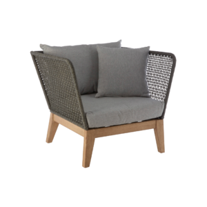 Nordic rope weave single armchair, gray cushions with wooden base