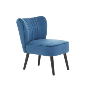 Azure Elegance Velvet Accent Chair, a elegant royal blue accent chair with black wooden legs and channel stitching