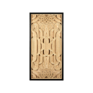 Art Deco Carved Wood Wall Art, a hand carved piece of wall art with geometrical patterns in an elegant black frame