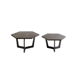 Felix Set of Metal and Marble Tables. A strong heavy set of thick solid marble tables in a hexagon shape with a thick iron frame. a contemporary edition for luxury interiors
