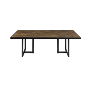 Oak and metal dining table, a solid oak dining table with heavy iron frame finished in black