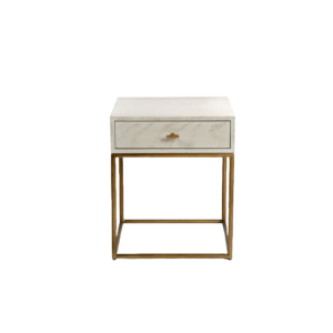 Introducing the Alaya Nightstand, a stunning fusion of classic charm and modern sophistication. Crafted in a white-greyish patinated finish oak wood, this bedside table exudes timeless elegance. Its metallic structure, fashioned in round golden tubes, adds a touch of luxury and contemporary flair to the piece.