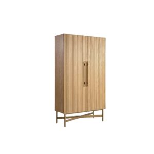 REINA Natural Oak Cabinet with Slatted Doors and Golden Metal Accents - Stylish Storage Solution