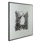 Square acrylic canvas painting with abstract shapes and textures on white background, framed in sleek black, 120x5x120cm dimensions