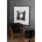 Square acrylic canvas painting with abstract shapes and textures on white background, framed in sleek black, 120x5x120cm dimensions