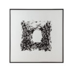 Square acrylic canvas painting with abstract shapes and textures on white background, framed in sleek black, 120x5x120cm dimensions