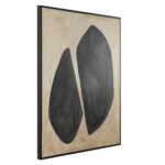 Sand/cream and black acrylic painting on canvas, featuring two large organic black shapes with grey tones on a sandy cream background, framed in sleek black, 90x5x120cm dimensions.