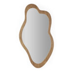 MILA Natural Wood Mirror - Contemporary mirror with liquid-like shape and thick natural wood frame showcasing beautiful wood grain. Dimensions: 58x2x95 cm.