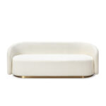 Golden steel and white fabric sofa with sleek curves and luxurious trim base, dimensions 210x85x75cm