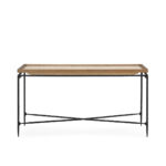 GIULIA Pine Wood and Leather Console with a black steel frame, cross bars, pine wood tray-style top, and reptile-embossed faux leather inlay. Measures 150x40x85 cm.