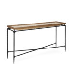 GIULIA Pine Wood and Leather Console with a black steel frame, cross bars, pine wood tray-style top, and reptile-embossed faux leather inlay. Measures 150x40x85 cm.