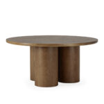 ROMA Oak Wood Dining Table - 160x160x76 cm, Art Deco inspired circular table with natural oak finish and sculptural three-column base.