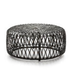 ORLEA Honey Brown Wicker Pouf - Geometric wicker pouf with interconnected diamond shapes and circular weaving. Dimensions: 89x89x38 cm.