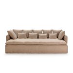 KALU 3-Seat Sofa in premium beige upholstery with extended seats, seven square cushions, and four smaller rectangular cushions, dimensions 300x142x77cm.