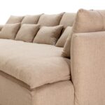 KALU 3-Seat Sofa in premium beige upholstery with extended seats, seven square cushions, and four smaller rectangular cushions, dimensions 300x142x77cm.