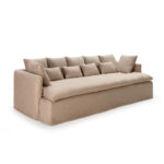 KALU 3-Seat Sofa in premium beige upholstery with extended seats, seven square cushions, and four smaller rectangular cushions, dimensions 300x142x77cm.