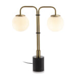 ELISE Crystal and Black Marble Table Lamp with sleek black marble base, two golden necks, and hanging white crystal ball shades. Measures 45x15x55 cm. Includes E14 LED bulbs.