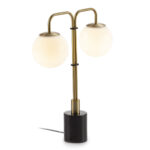 ELISE Crystal and Black Marble Table Lamp with sleek black marble base, two golden necks, and hanging white crystal ball shades. Measures 45x15x55 cm. Includes E14 LED bulbs.