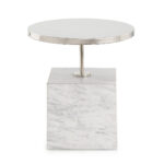 RINA White Marble and Nickel Side Table - Luxury side table with a large white marble cube base, nickel metal frame, and circular table top supported by a centre bar.