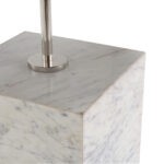 RINA White Marble and Nickel Side Table - Luxury side table with a large white marble cube base, nickel metal frame, and circular table top supported by a centre bar.