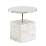 RINA White Marble and Nickel Side Table - Luxury side table with a large white marble cube base, nickel metal frame, and circular table top supported by a centre bar.