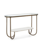 CÉLINE Antique Gold Marble and Glass Console Table with an art deco design, featuring an antique gold steel frame, a marble lower shelf, and a toughened glass top. Measures 122x39x76 cm.