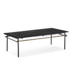 Black and gold coffee table with natural black marble surface, dimensions 122x61x37cm