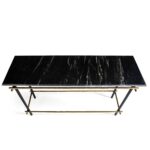 Black and gold console table with natural black marble surface, dimensions 122x39x75cm