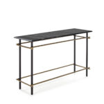 Black and gold console table with natural black marble surface, dimensions 122x39x75cm