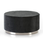 LENA Black Velvet Pouf - Circular ottoman in plush black velvet with silver metal trim. Dimensions: 90x90x45 cm.