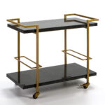 AMELIE Granite and Steel Trolley with a gold-finished steel frame, natural black granite shelves, castor wheels, and bottle organizers. Measures 91x51x81 cm. Ideal for serving drinks and cocktails.