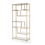 LORA Golden Metal Bookcase with luxurious golden finish, glass panel shelving, and a stylish geometrical design with offset shelves.