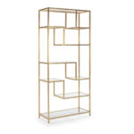 LORA Golden Metal Bookcase with luxurious golden finish, glass panel shelving, and a stylish geometrical design with offset shelves.