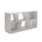 HUGO White Wood Bookcase with six compartments, two featuring a white backdrop and slanted inner separating panels, in a contemporary, low-level design.