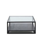 LANDO Cedar Wood and Glass Coffee Table with a clear toughened glass top, Cedar wood bottom shelf, and black-painted steel frame. Measures 120x90x40 cm.