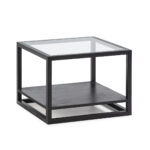 LANDO Cedar Wood and Glass Side Table with a clear toughened glass top and a Cedar wood bottom shelf, supported by a steel frame. Measures 60x60x45 cm.