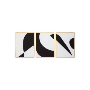 Set of three abstract acrylic paintings in black and white, featuring modern geometrical designs and sleek frames, each measuring 60x80cm.