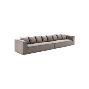 COCO 4-Seater Charcoal Grey Sofa with premium textile, chunky design, tapered arms, and eight back square cushions, dimensions 440x110x77cm.