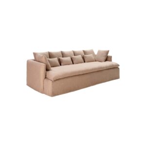 KALU 3-Seat Sofa in premium beige upholstery with extended seats, seven square cushions, and four smaller rectangular cushions, dimensions 300x142x77cm.