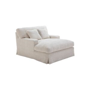 Cream snuggle chair with extended seating area, luxurious cream upholstery, dimensions 122x155x93cm