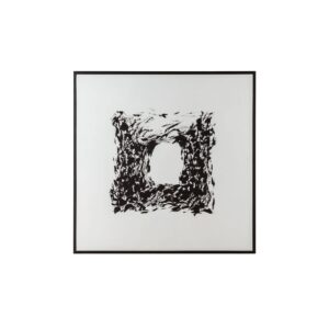 Square acrylic canvas painting with abstract shapes and textures on white background, framed in sleek black, 120x5x120cm dimensions